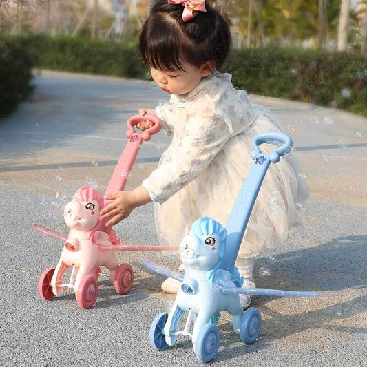 Kids' hand push pony bubble machine, bright blue with pink wheels, perfect for outdoor play