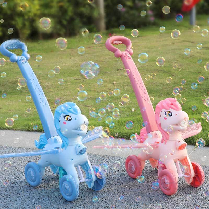 Close-up of pony bubble machine with wagon, showing bubble wand and solution tray, great birthday gift