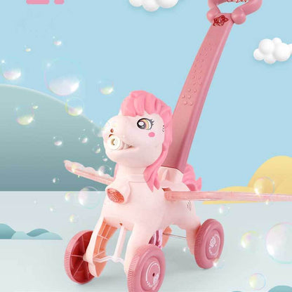 Hand-push pony-shaped bubble machine for kids, a fun toy for garden and park outdoor play