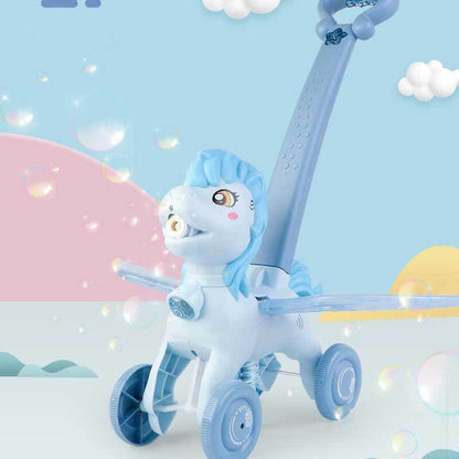 Vibrant blue pony bubble machine, an exciting toy wagon style bubble maker for children