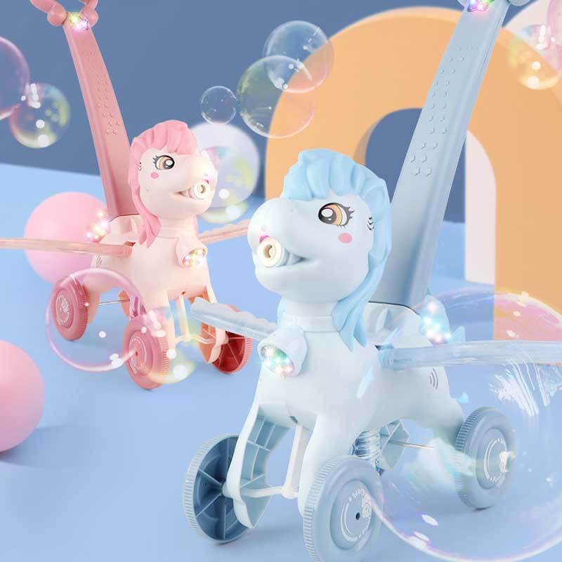 Pony bubble machine with handle, designed for easy pushing, providing hours of bubble-filled summer fun