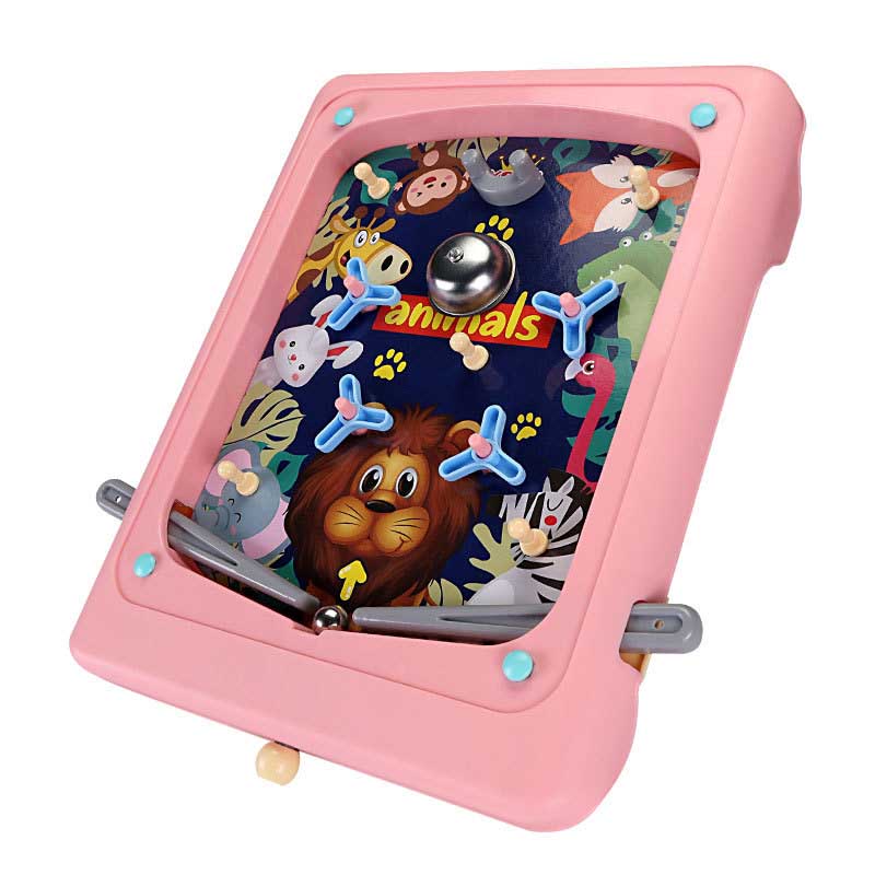 Close-up of a kids' handheld 3D pinball game toy, showing colorful interior for coordination play.