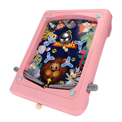 Close-up of a kids' handheld 3D pinball game toy, showing colorful interior for coordination play.