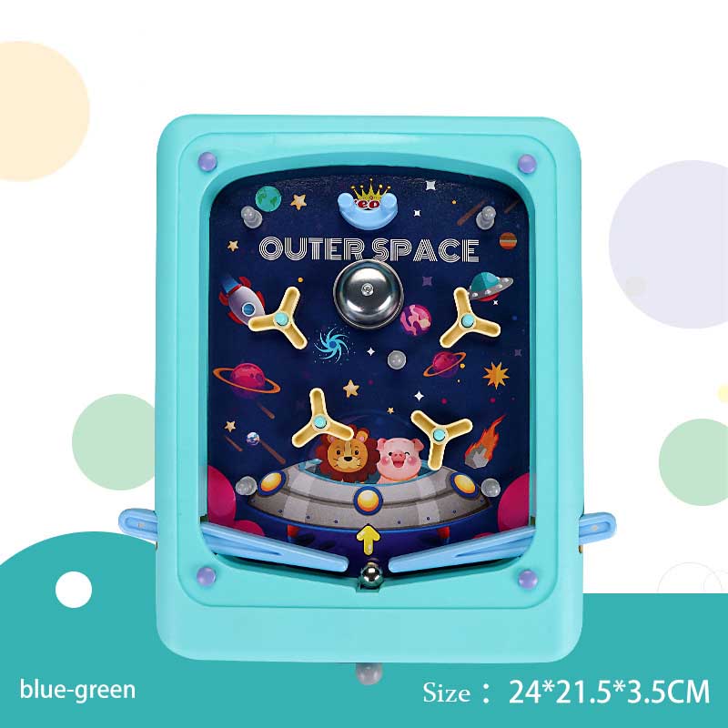 Child's hand holding a bright handheld 3D pinball game toy, engaging in active play.