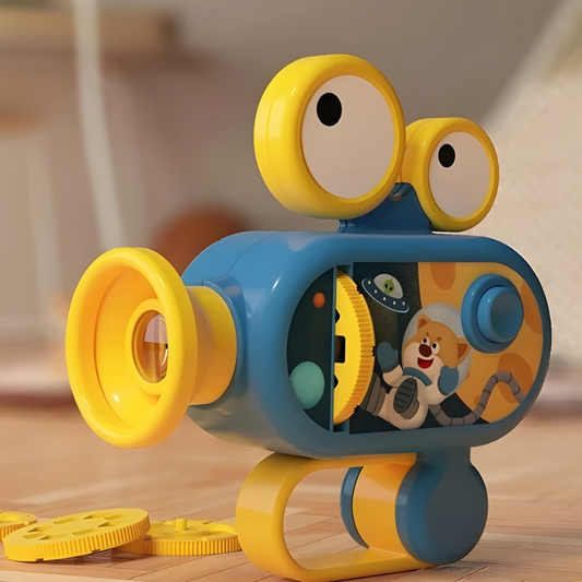 Kids' handheld story projector flashlight toy displaying colorful fairy tale images on a bedroom wall.