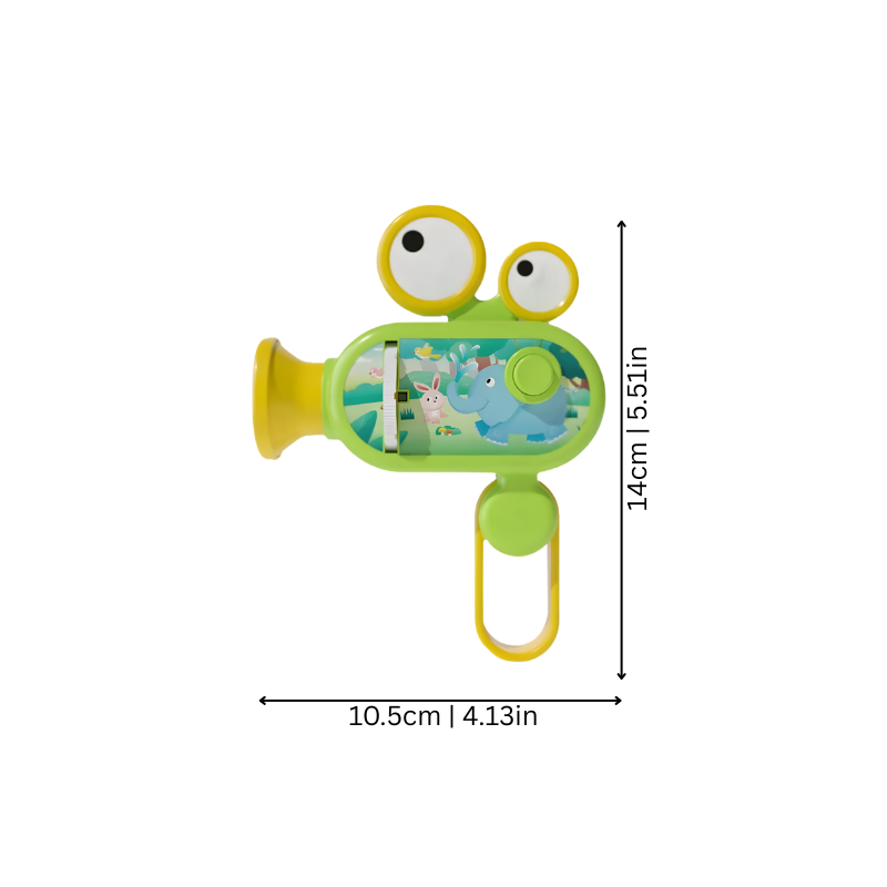 Child joyfully using a projector flashlight to beam animal stories onto a ceiling, enhancing bedtime.
