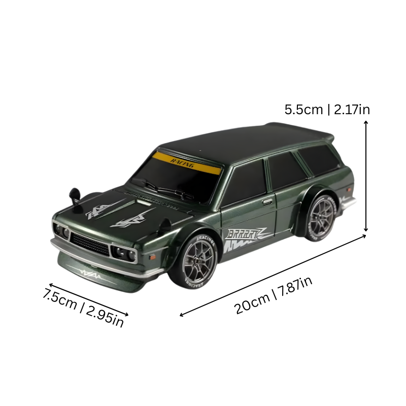 Dynamic shot of a 4WD RC drift car for kids, featuring LED lights and stunt capabilities, electric toy vehicle