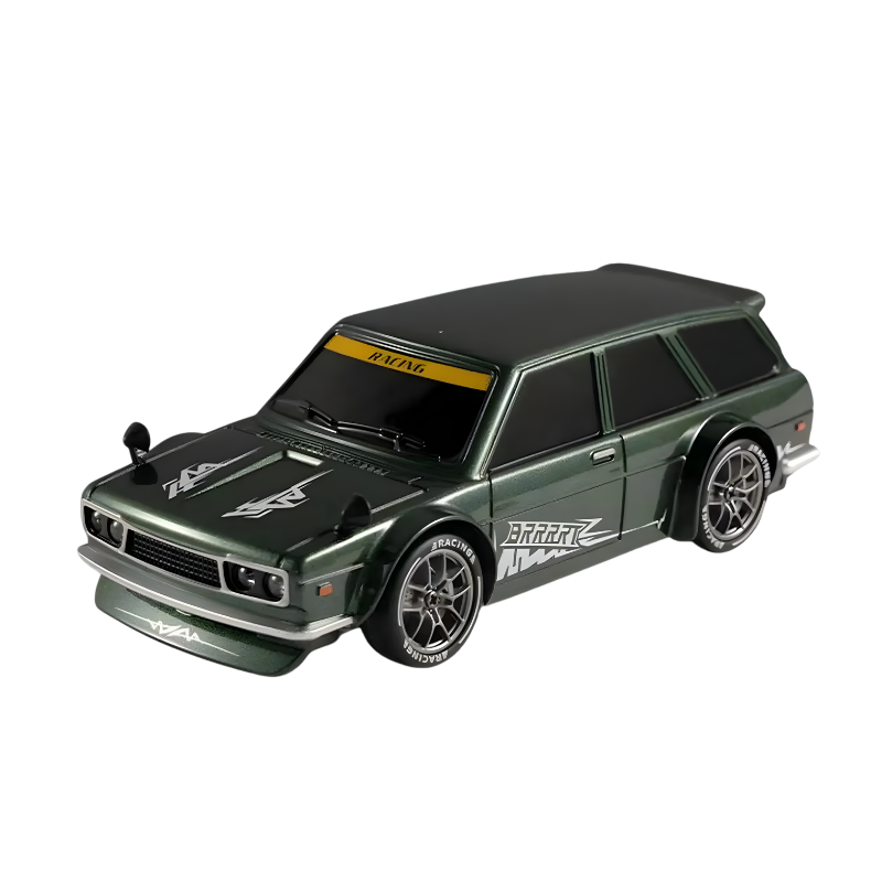 Action-packed image of an RC drift car performing a stunt, 4WD electric vehicle toy for kids with LED lights