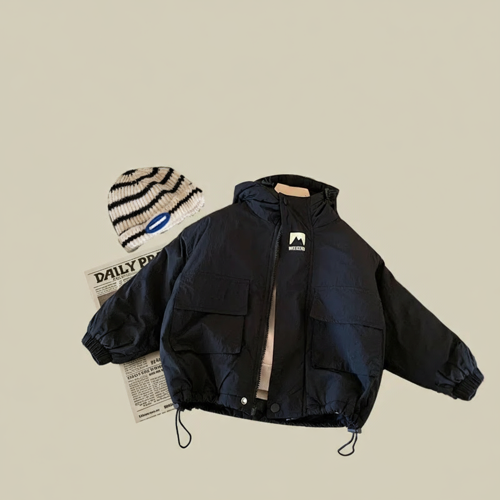 Folded kids' hooded windbreaker jacket, compact and easy to carry, travel essential