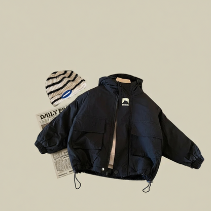 Folded kids' hooded windbreaker jacket, compact and easy to carry, travel essential