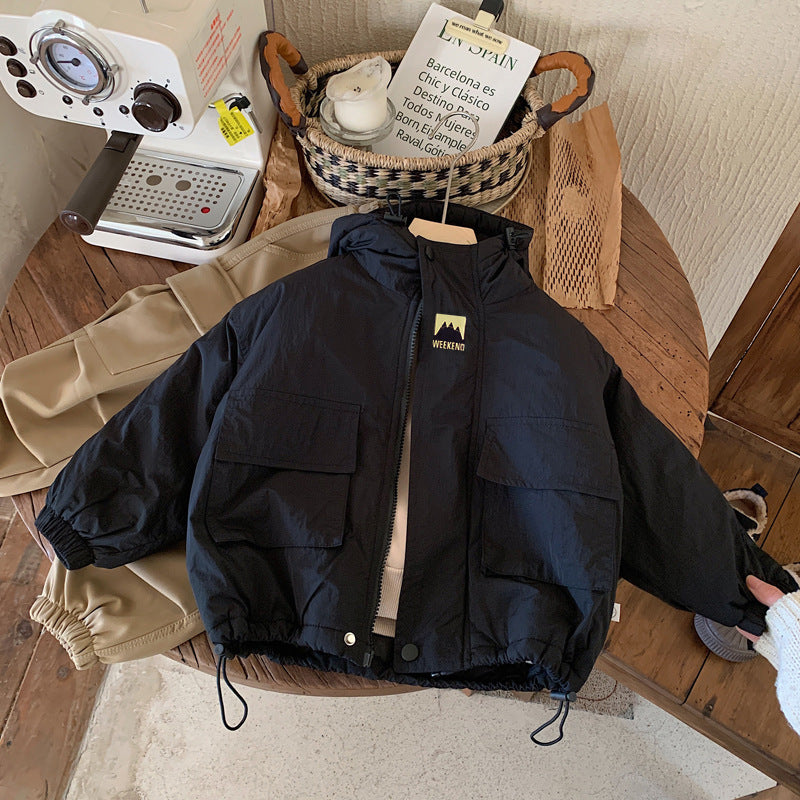 Back view of navy hooded windbreaker jacket for kids, with reflective stripe