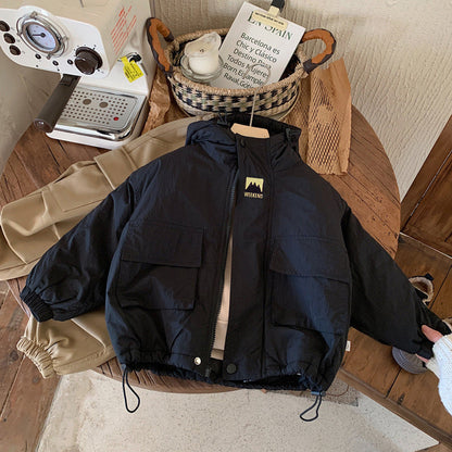 Back view of navy hooded windbreaker jacket for kids, with reflective stripe