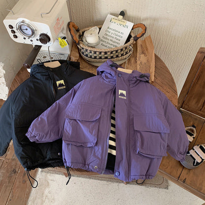 Purple toddler windbreaker coat, zippered front, designed for outdoor adventures