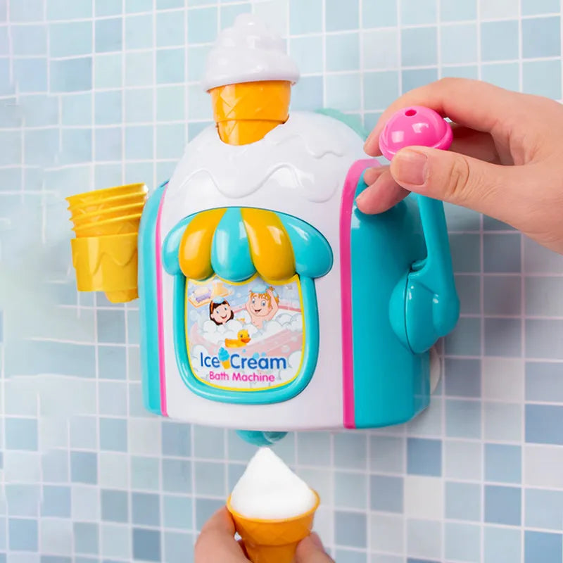 Kids' Ice Cream Bubble Bath Toy, pink and white, with bubbles overflowing from cone