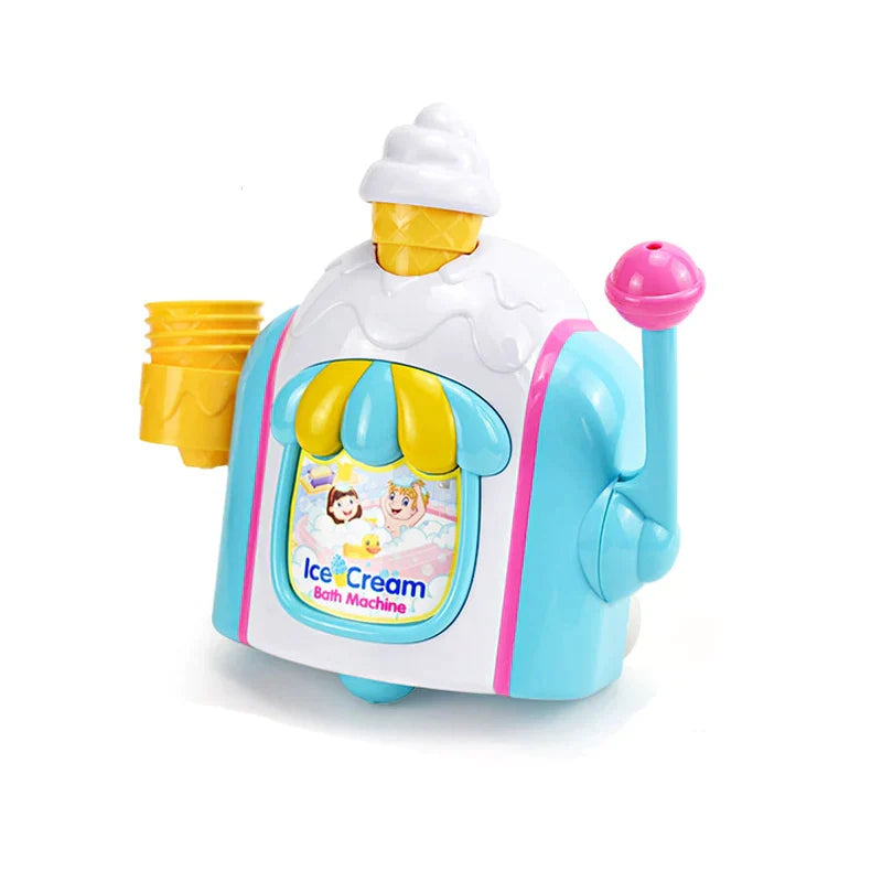 Child playing with Ice Cream Bubble Bath Toy, making foam in a bathtub, sensory play