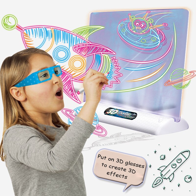 Child drawing on an illuminating 3D drawing board, showcasing a colorful glowing design; an ideal educational toy.
