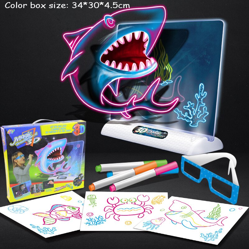Close-up of a 3D drawing board glowing with a child's art, highlighting the creative play and art supplies for kids.