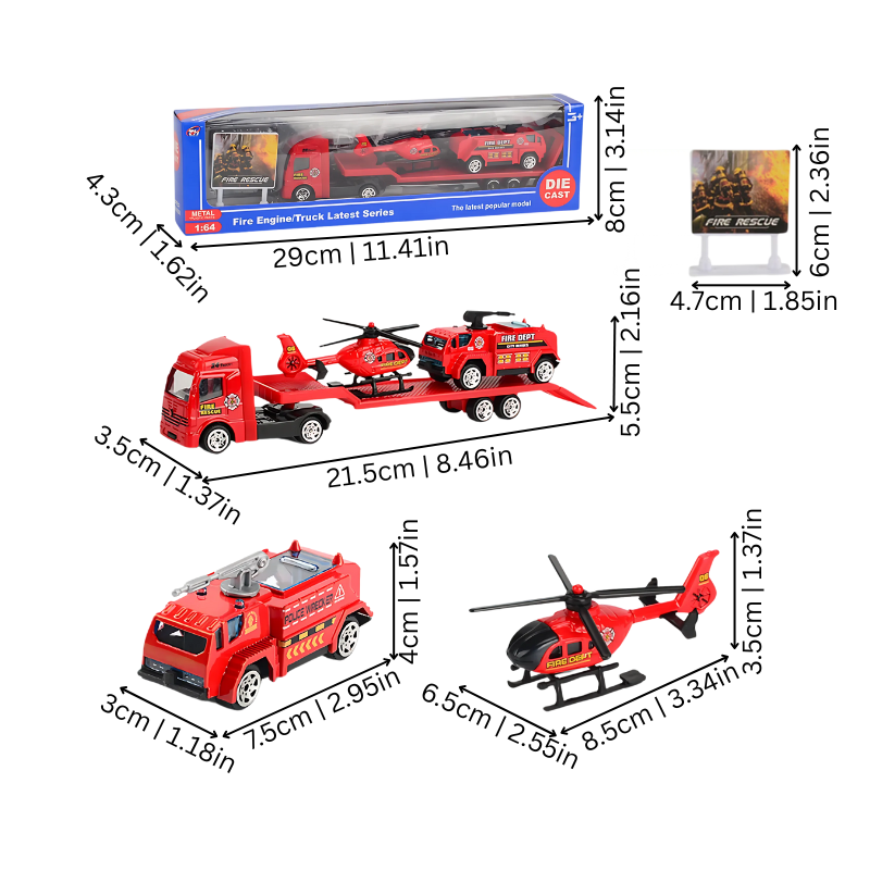 Colorful set of rescue vehicles; fire truck, ambulance, police car for kids' imaginative play & educational fun.