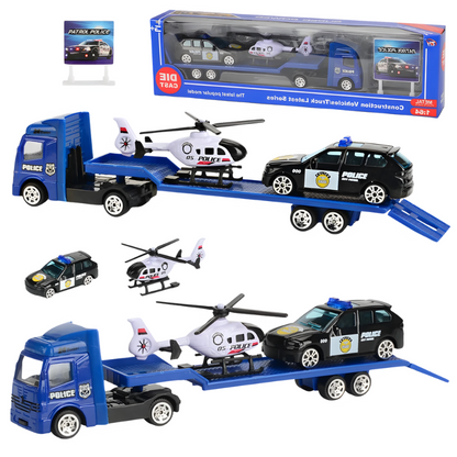 Imaginative rescue vehicle playset with ambulance, fire engine, and police car for kids; encourages educational role-playing.
