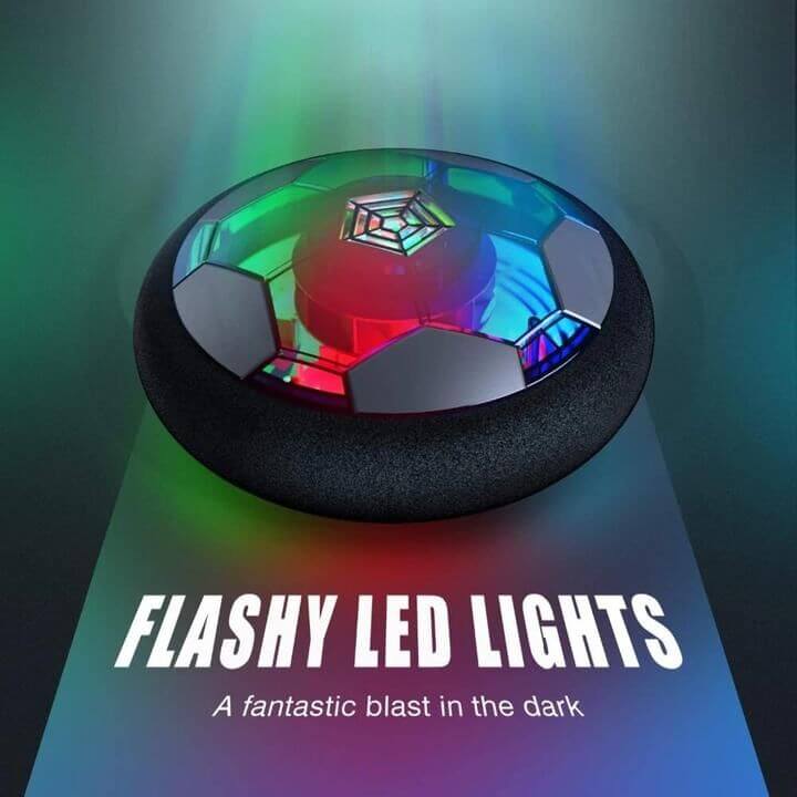 Close-up of a hover soccer ball with LED lights, designed for safe indoor active play for kids.