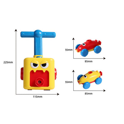 Toddler playing with a red balloon powered car, fun kid-friendly inertia toy vehicle