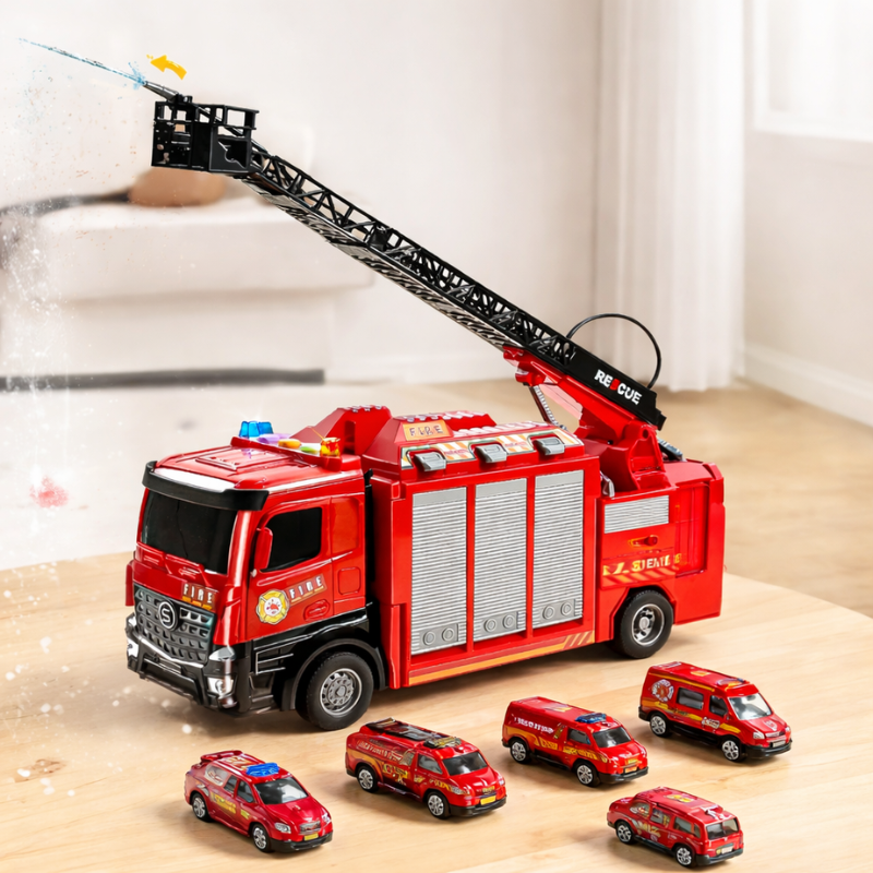 Kids' inertia-powered firetruck toy, red with water spray function, playing indoors on a wooden floor
