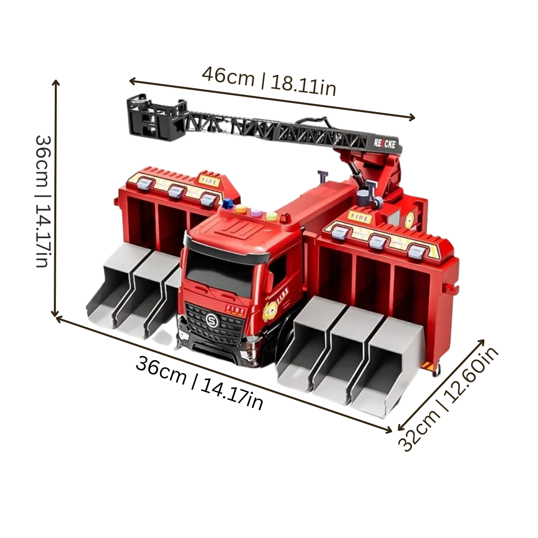 Close-up of the water spray feature on a child's red firetruck toy, showing the nozzle and tank
