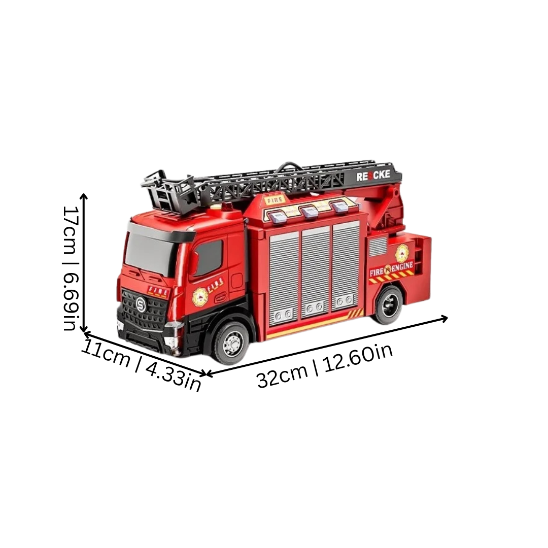 Toddler engaged with an inertia-powered toy firetruck, pressing a button for water spray action
