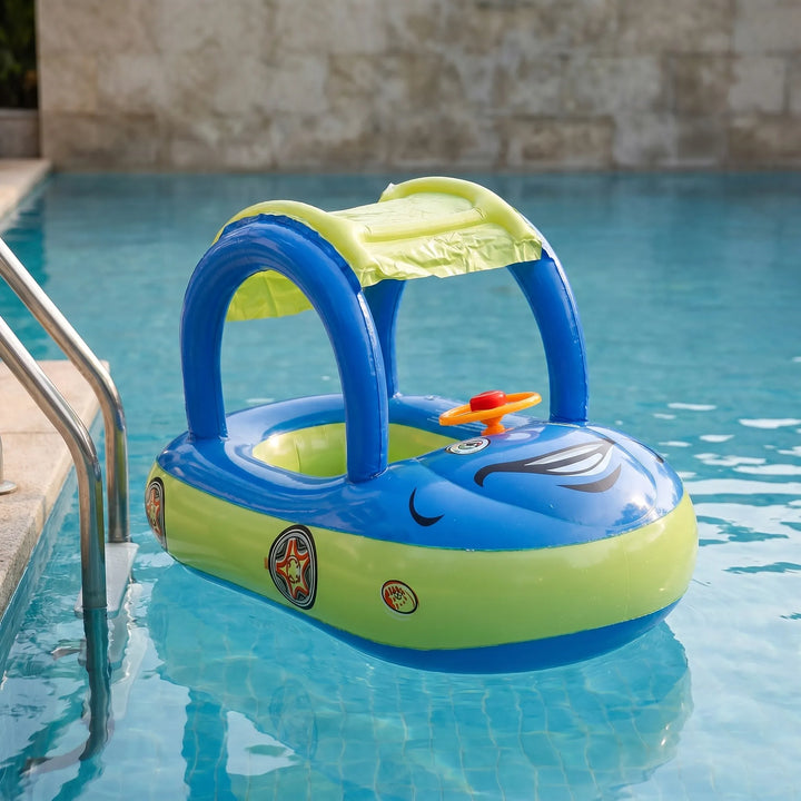 Kids' Inflatable Car Pool Float with Sun Canopy, perfect for toddlers. Water safety & summer fun.