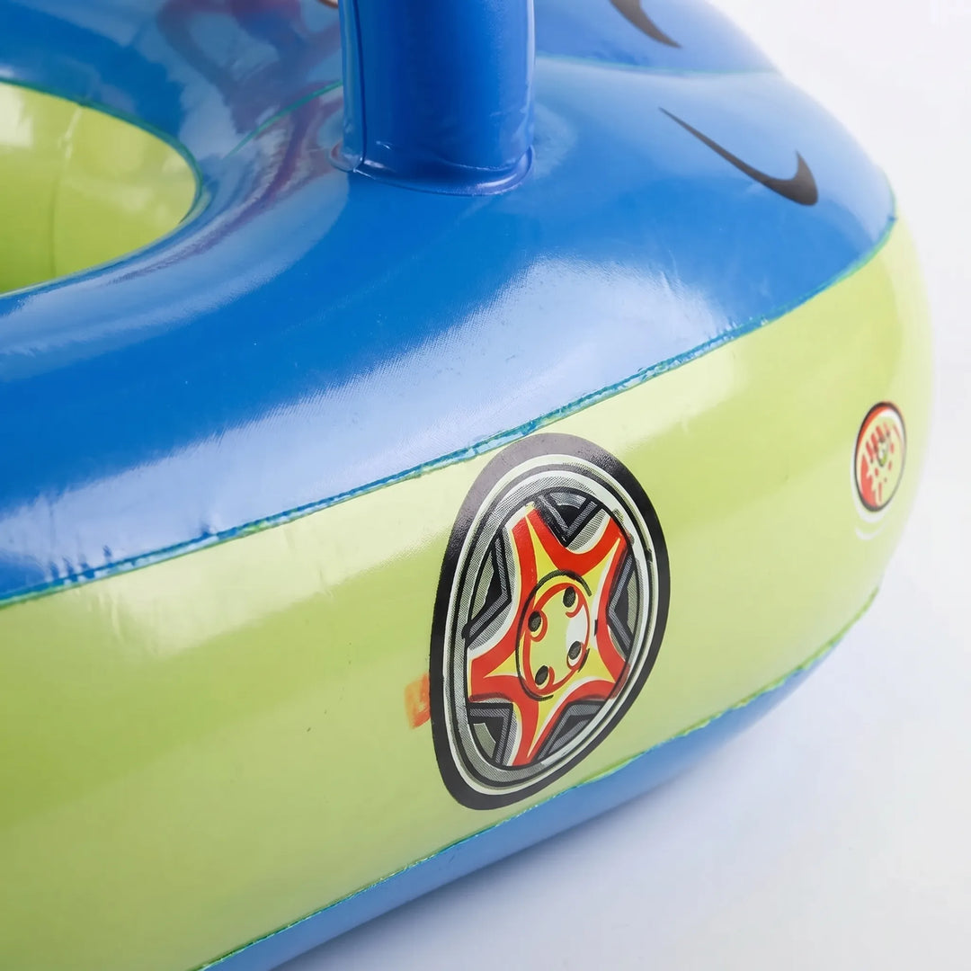 Summer fun kids' inflatable car float with sun canopy for pool, beach, or outdoor water play.