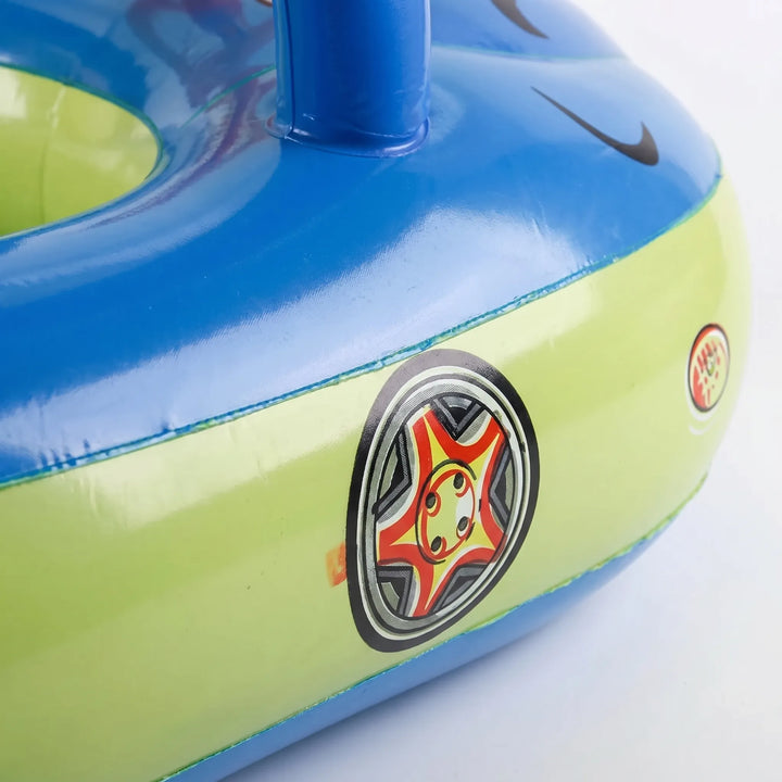 Summer fun kids' inflatable car float with sun canopy for pool, beach, or outdoor water play.