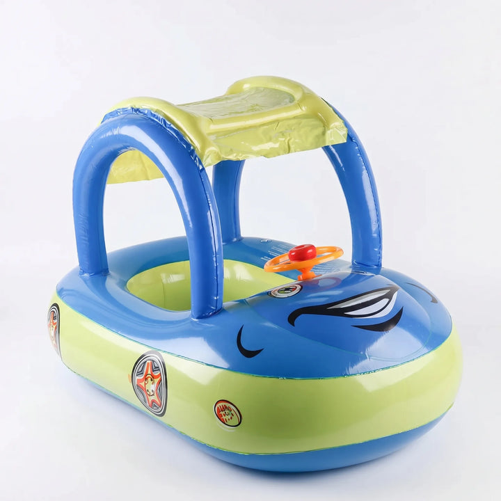 Blue inflatable car float for kids, features sun canopy. Ideal for baby pool water safety & play.