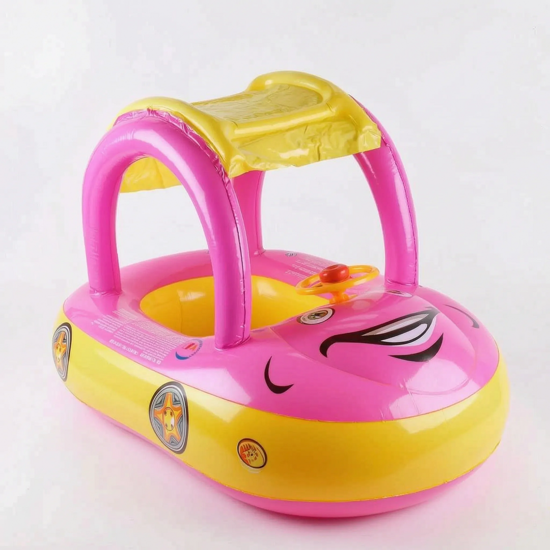 Kids' water toy: Inflatable car pool float with protective sun canopy. Swimming aid for toddlers.