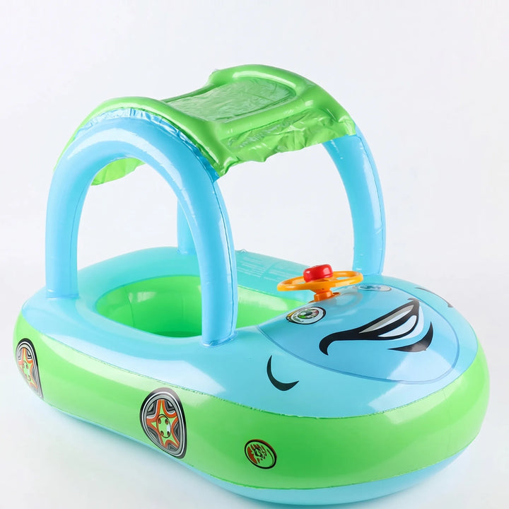 Baby pool accessory: Inflatable car float with sun canopy. Safe swimming aid & fun for young kids.