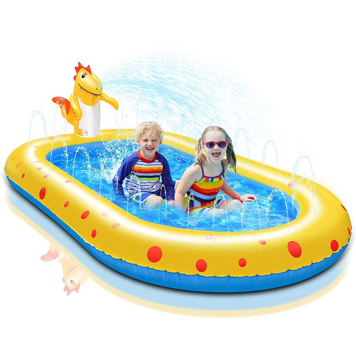 Cheerful kids playing in a colorful inflatable fountain pool, enjoying outdoor water fun and sprinkler splash pad.
