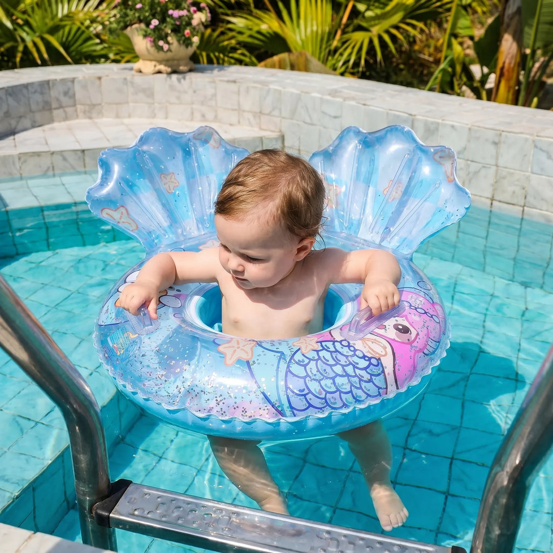 Kids' inflatable mermaid pool float with sparkling tail & comfortable shell backrest for summer fun.