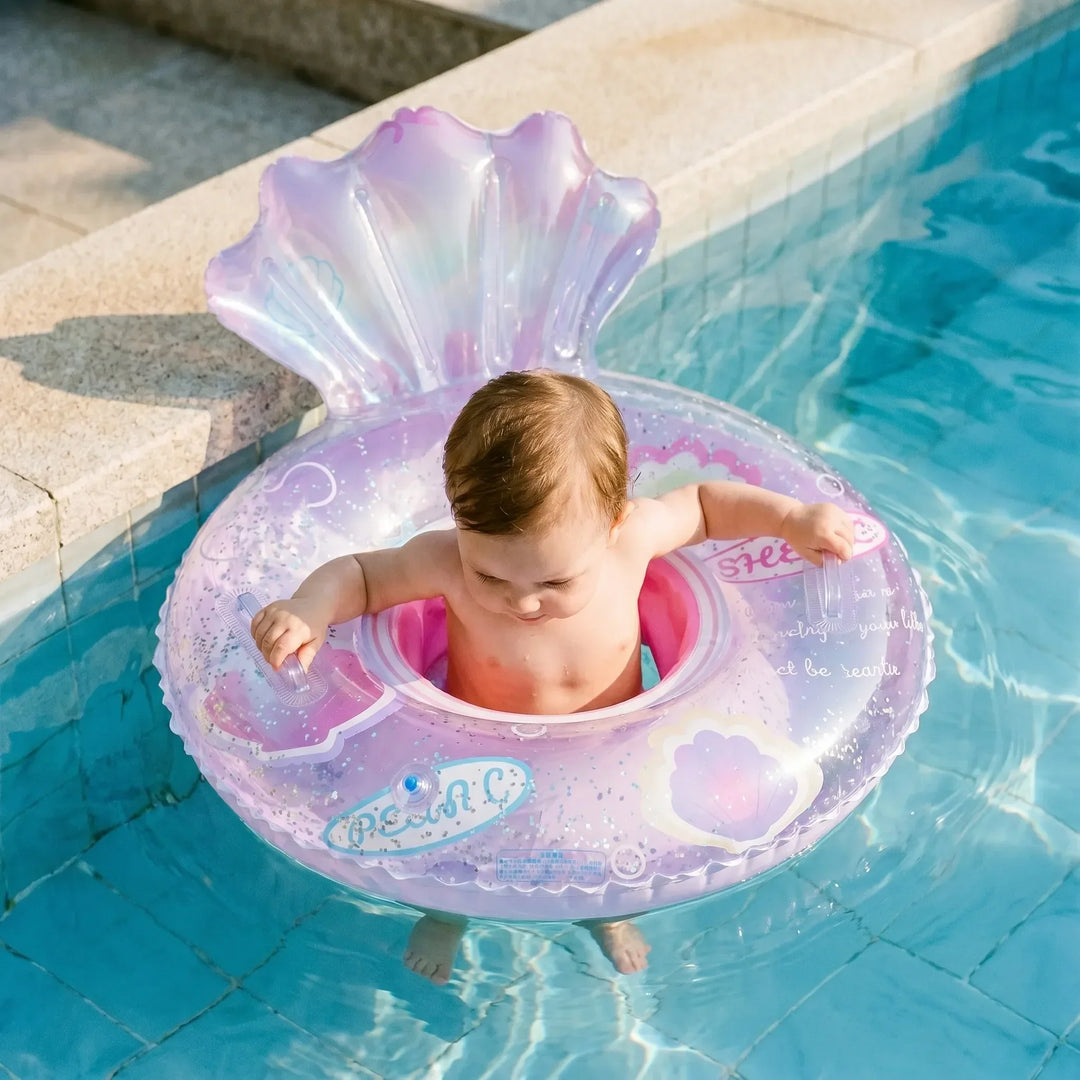 Glittering inflatable mermaid pool float for toddlers & kids, featuring a unique shell backrest design.