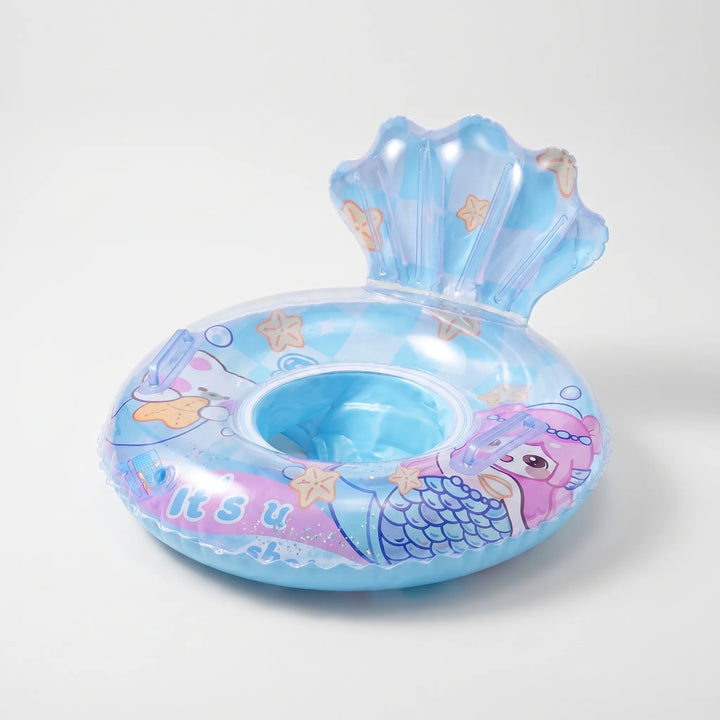 Children's mermaid pool float with shell backrest, perfect for safe water play and summer enjoyment.