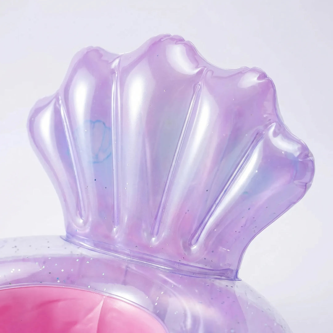 Fun kids' swim accessory: inflatable mermaid pool float with a sturdy shell backrest for water play.