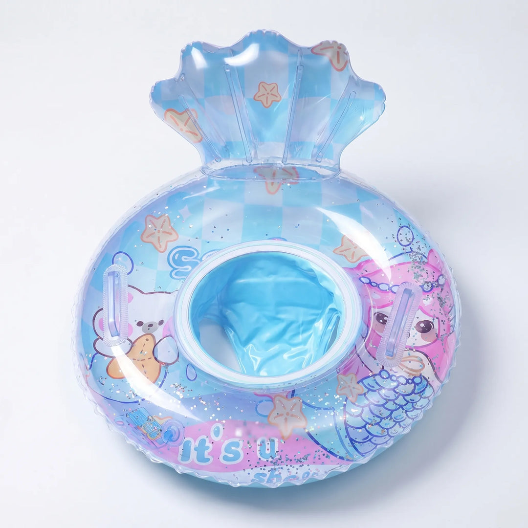 Sparkling pink mermaid pool float for kids, an inflatable water toy with a comfy shell backrest.
