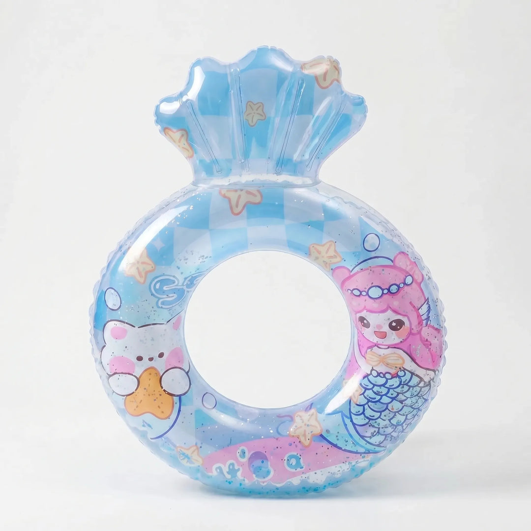 Adorable inflatable mermaid pool float for children, complete with a supportive shell backrest.