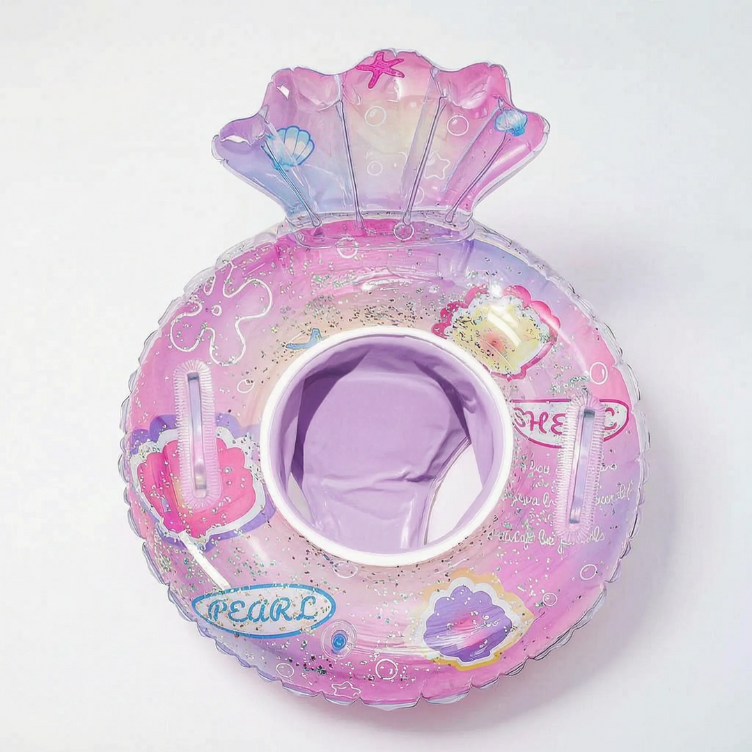 Toddler-friendly glitter mermaid pool float featuring an ergonomic shell backrest for water fun.