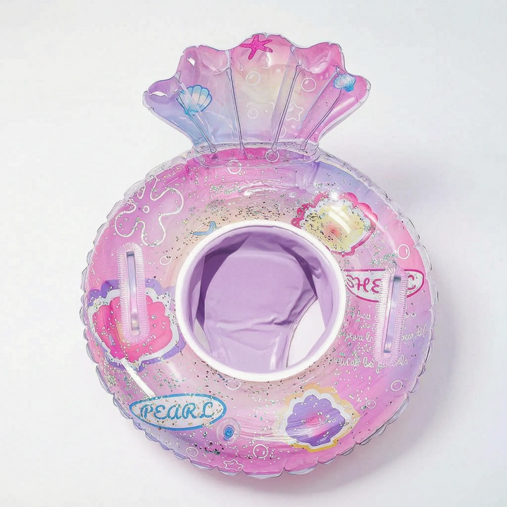 Toddler-friendly glitter mermaid pool float featuring an ergonomic shell backrest for water fun.