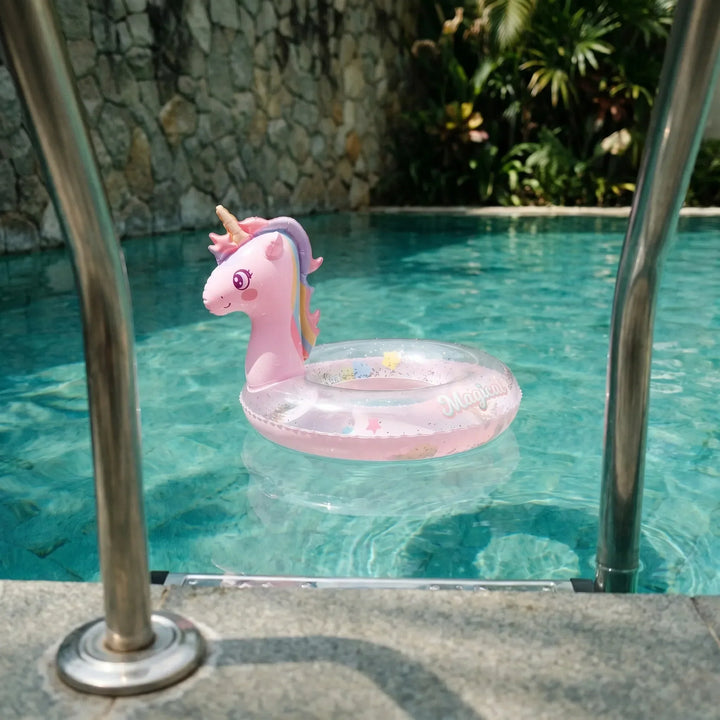 Kids' inflatable pink unicorn pool float for summer fun, perfect water toy for swimming and vacation.