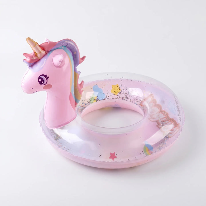 Vibrant pink inflatable unicorn pool float, a magical swim float for kids' summer fun and beach vacations.