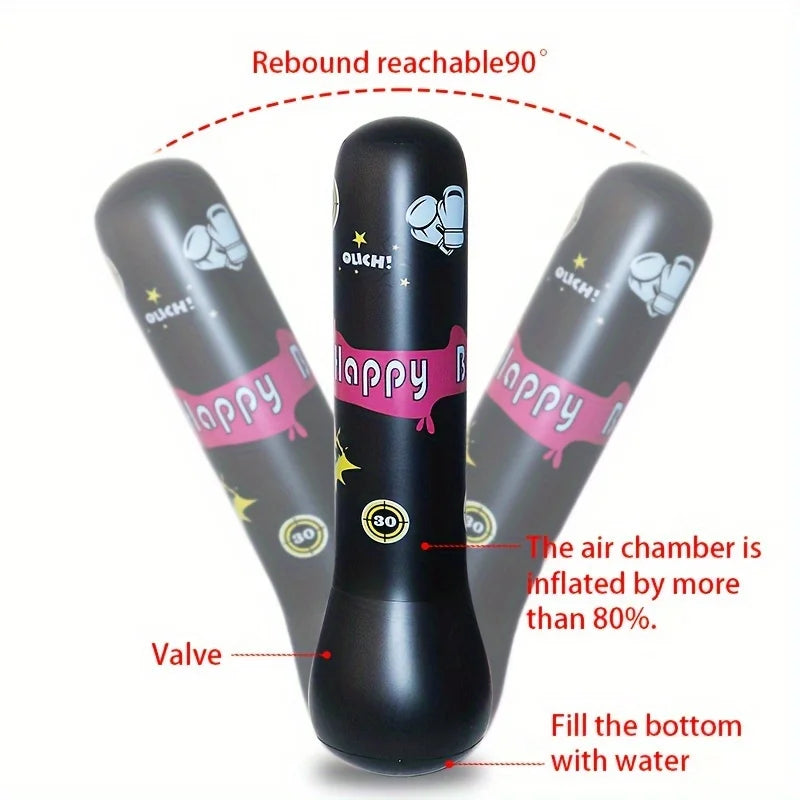 Boy happily punching an inflatable kids' punching bag with the included red gloves
