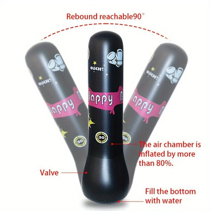 Boy happily punching an inflatable kids' punching bag with the included red gloves