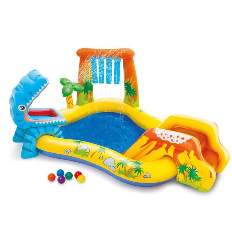 Dinosaur-themed inflatable kiddie pool with built-in sprinklers for backyard water play.