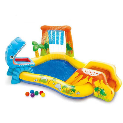 Dinosaur-themed inflatable kiddie pool with built-in sprinklers for backyard water play.