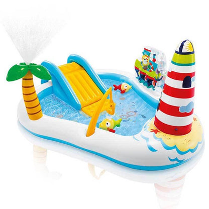 Vibrant hippo inflatable splash sprinkler pool, perfect for kids' summer water activities.